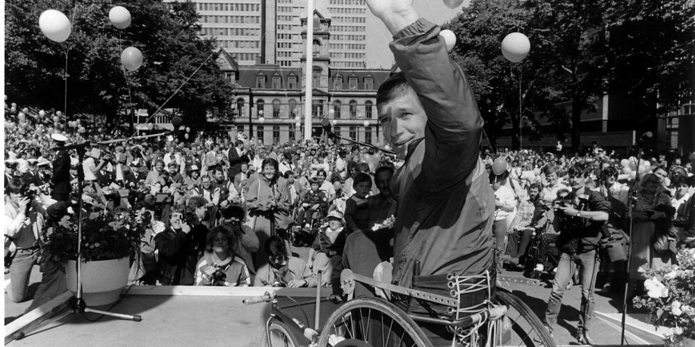 Rick Hansen in Halifax, Nova Scotia before a crowd of approximately 7000 people.