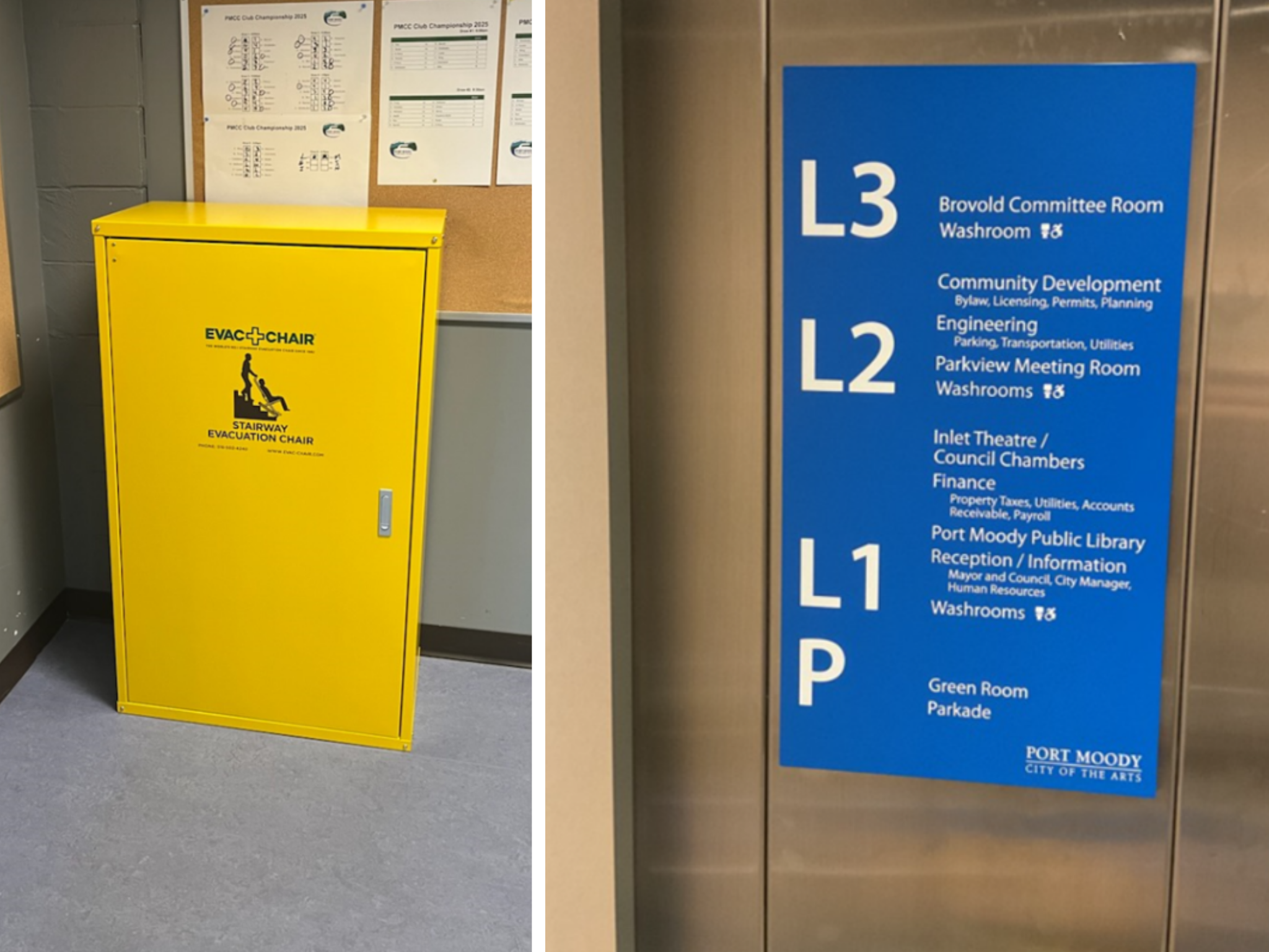 Left: Bright yellow cabinet labeled “Evac+Chair Stairway Evacuation Chair” against a gray wall with bulletin boards above. Right: Blue directory sign inside an elevator listing floors L3 to P with room names and accessible washroom icons.
