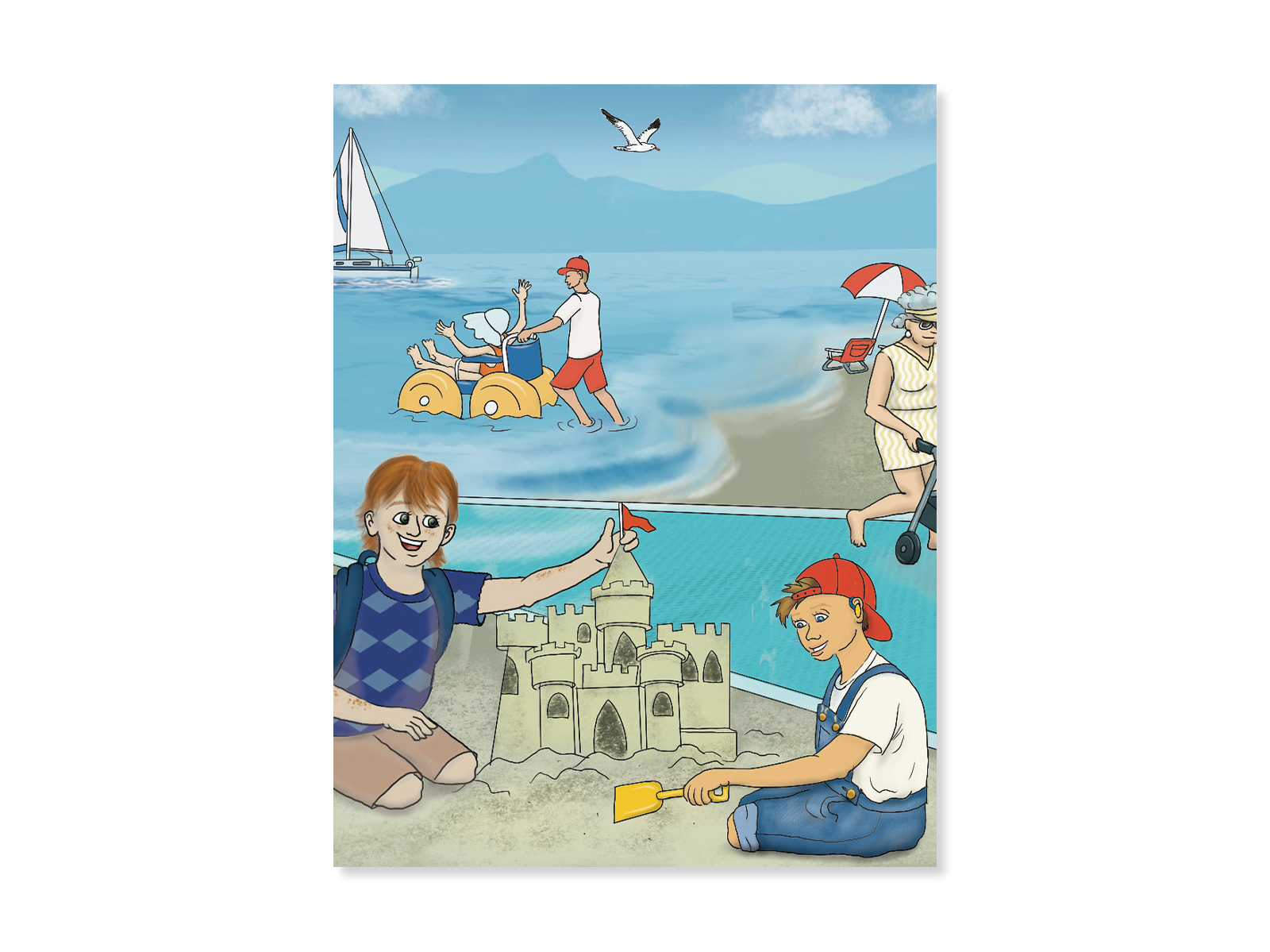 Illustrated beach scene including accessibility features such as a beach mat and someone using a beach wheelchair in the water. In the foreground are two children building a sand castle. 