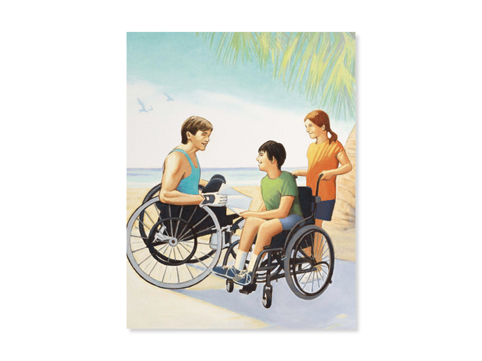 An illustration of Rick Hansen, meeting a young girl who also uses a wheelchair. The girl's friend is pushing her wheelchair. 