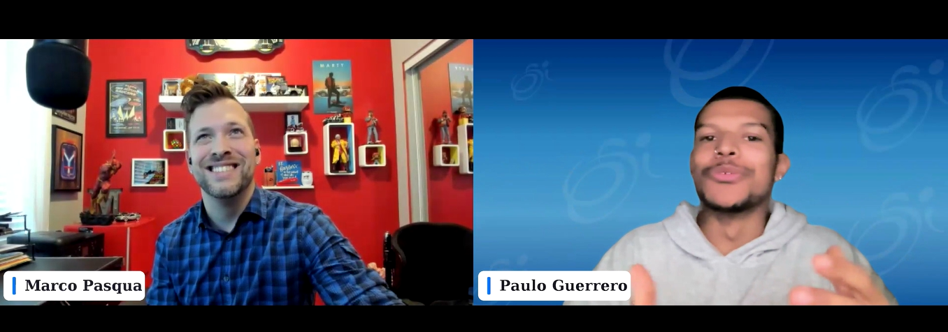 Image showing two zoom screens, one has Marco Pasqua, moderator. The other has Paulo Guerrero, panelist, speaking during the panel. 