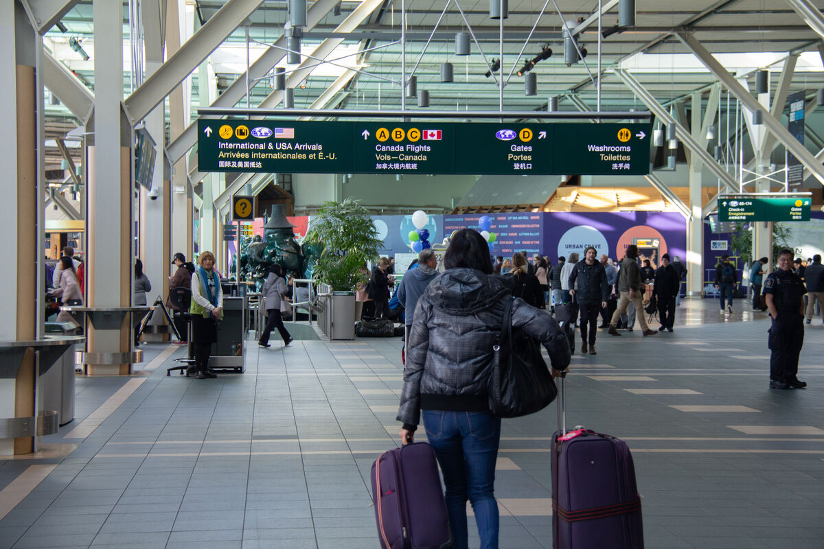 Image of travellers moving through the Vancouver International Airport