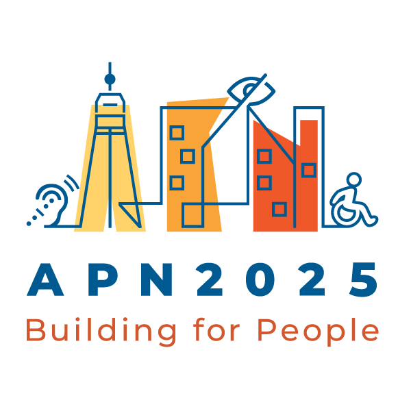 APN 2025 Building for People logo, three stylized buildings in bright colours