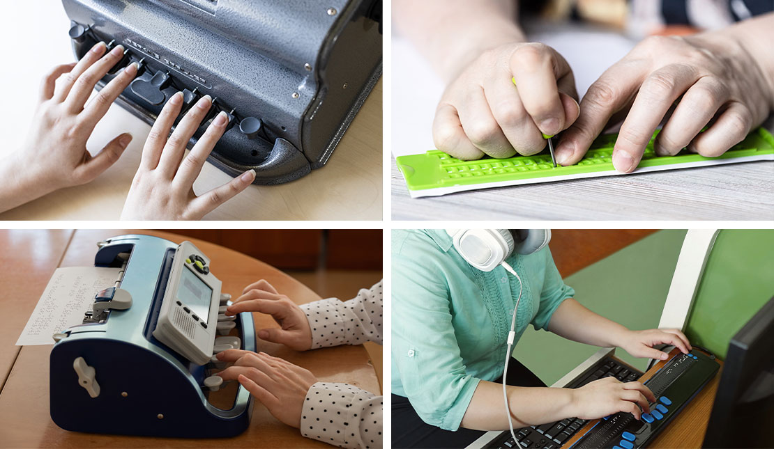 Collage of four images, all close ups of hands using braille tools such as keyboards and 3d-printed signage