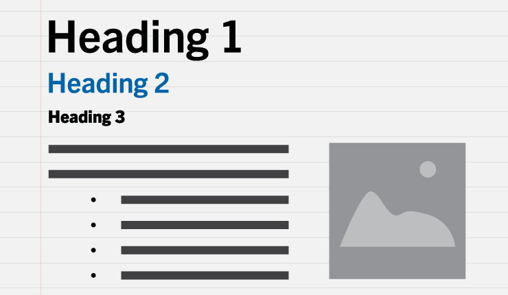 An example of different heading size in descending order from largest to smallest. Large black text reads "heading 1." Medium blue text reads "heading 2" and small text reads "heading 3"