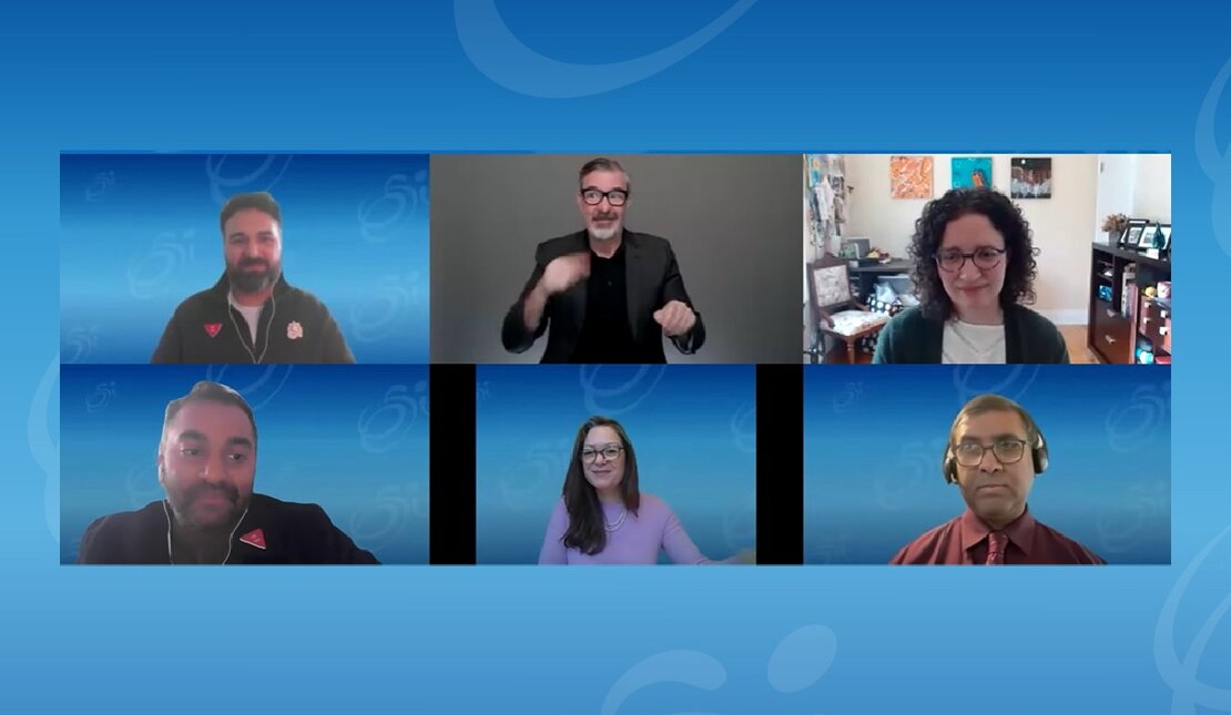 SIX PANELISTS ON A BLUE VIRTUAL BACKGROUND