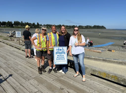 Four people holding a white sign with blue writing that says "Beach Access Surface". They are standing in front of the beach where the Mobi-Mat is placed along the sand.