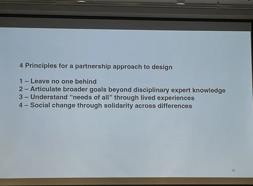 A PowerPoint slide with white background and black text. There are four bullet points written on it for the topic on Four Principles for a Partnership Approach to Design.