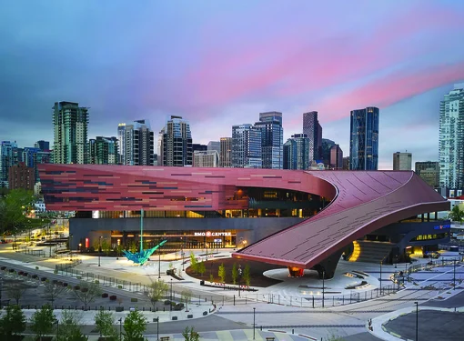 Landscape view of the BMO Convention Centre in Calgary during sunset.