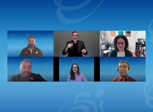 SIX PANELISTS ON A BLUE VIRTUAL BACKGROUND