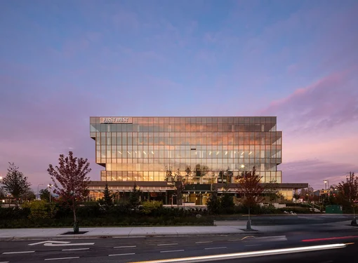 An exterior photo of the First West Credit Union regional office building in Penticton BC 