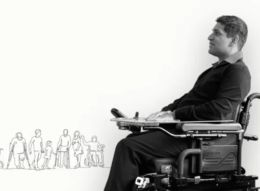 A photo of Nabeel Rambji using his wheelchair rfacing left. There are also animated figures of varying disabilities. 