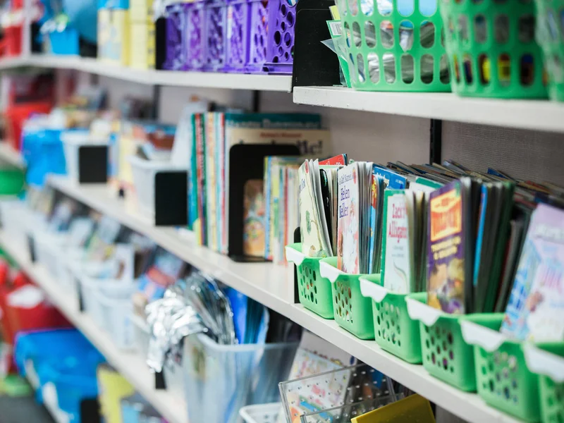 An elementary school library bookshelf with many books organized in green and purple baskets and book dividers.