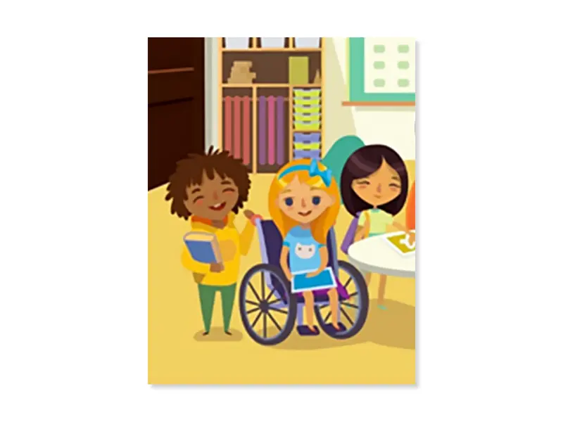 Graphic of three elementary aged students gathered around a table in a classroom. One of the students uses a wheelchair.