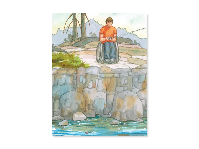 An illustration of a young Rick Hansen, sitting in his wheelchair, fishing off of the side of a rock face. 