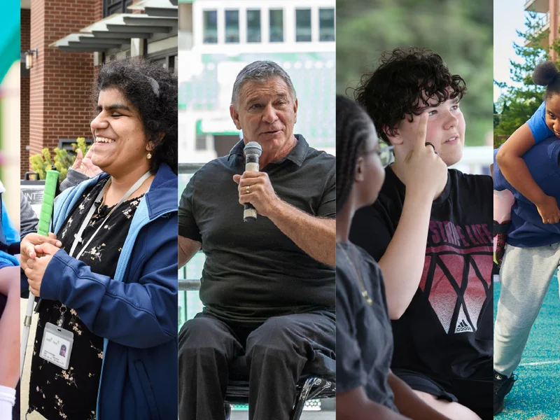 five people with disabilities in action. A child using a wheelchair in a playground, a curly-haired person at an even, Rick Hansen speaking into a microphone, a teenager using sign language, two children playing in a piggyback, laughing 