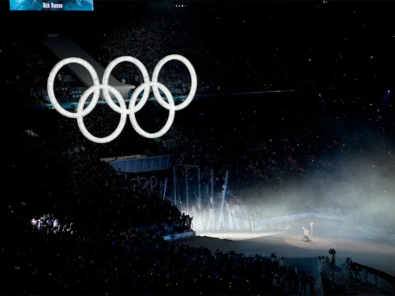 Bird's-eye view of Rick Hansen presenting at the Olympic games