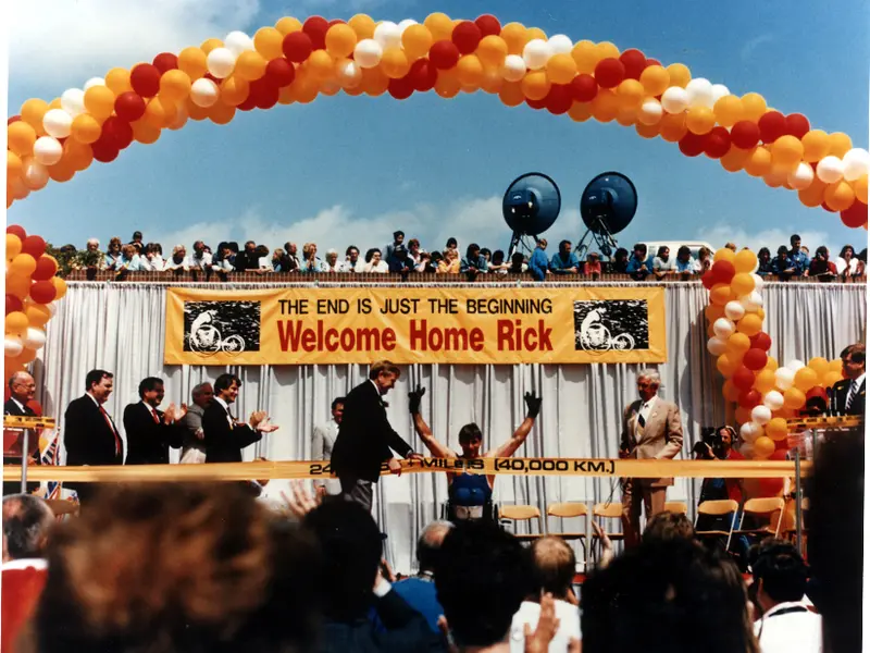 Celebration of Rick and his team reaching their final desination, Oakridge Shopping Centre on May 22, 1987 