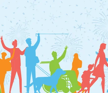 colourful silhouettes of folks with disabilities, celebrating, with fireworks